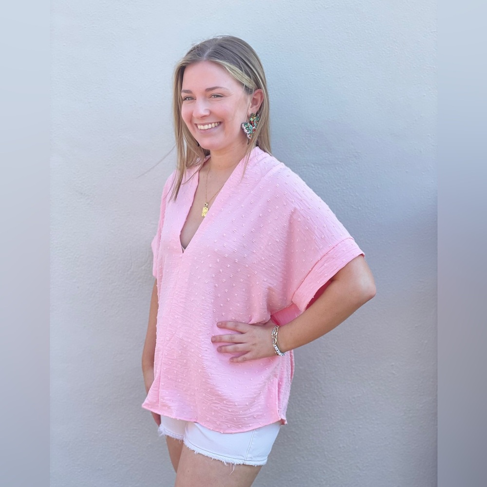 Karlie Pale Baby Pink Oversized VNeck Textured Swiss Dot Short Sleeve Top Medium